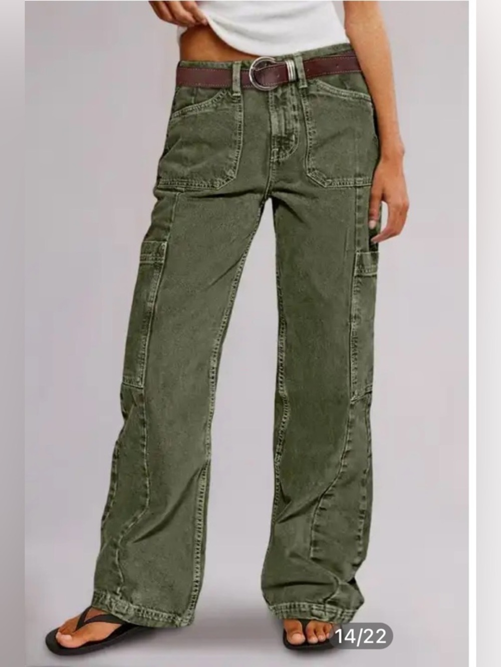 Flamingals Army Green Mid Rise Straight Leg Cargo Jeans Size Large NWT